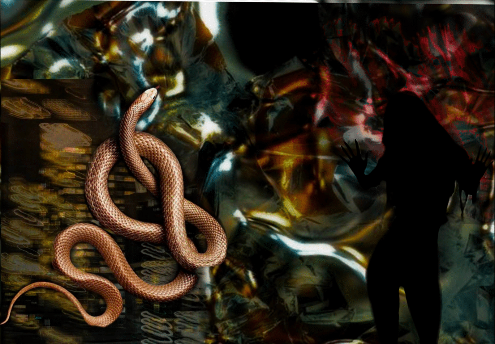 serpent mood board
greens, browns, red and earthy tones with snake textures 
